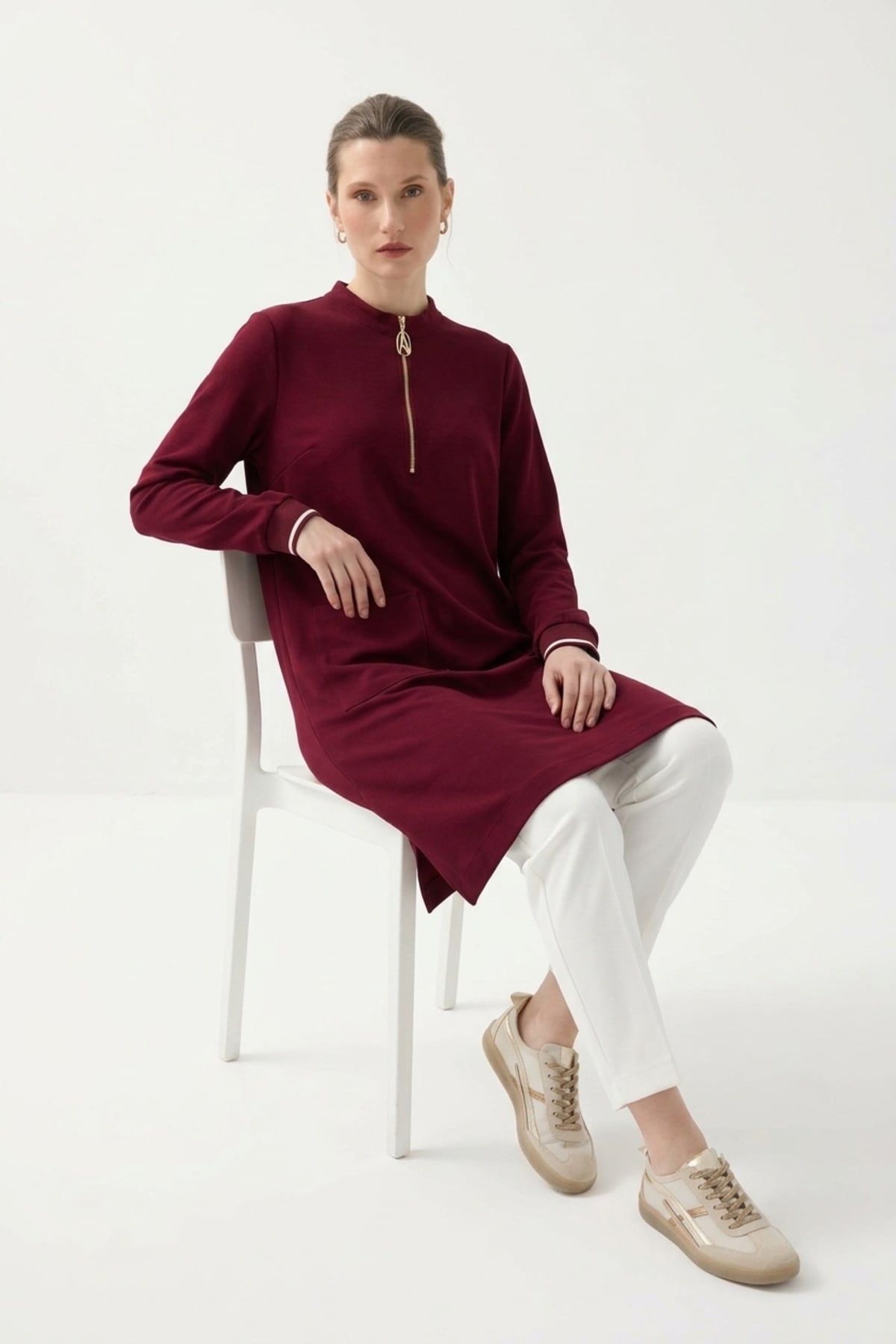 Avenna 26KT452 Yarım Fermuar Detaylı Hakim Yaka Tunik Bordo Tunik ARMİNE TREND 