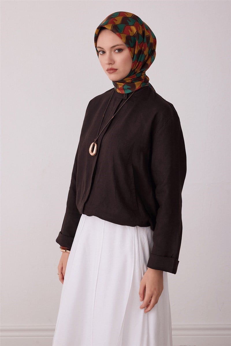 Belli 4406 Pusula Ağı Geometrik %100 Twill İpek Eşarp - Acı Kahve Eşarp BELLI 
