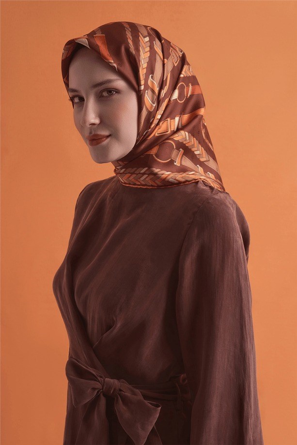 Armine Dj Saf Jakar İpek Eşarp 9607D (J) - Turuncu Eşarp ARMİNE 