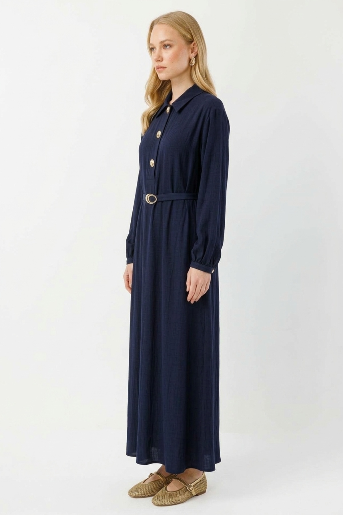 Düğme Detaylı Denim Görünümlü Elbise 0037052 Lacivert Elbise İKOLL 