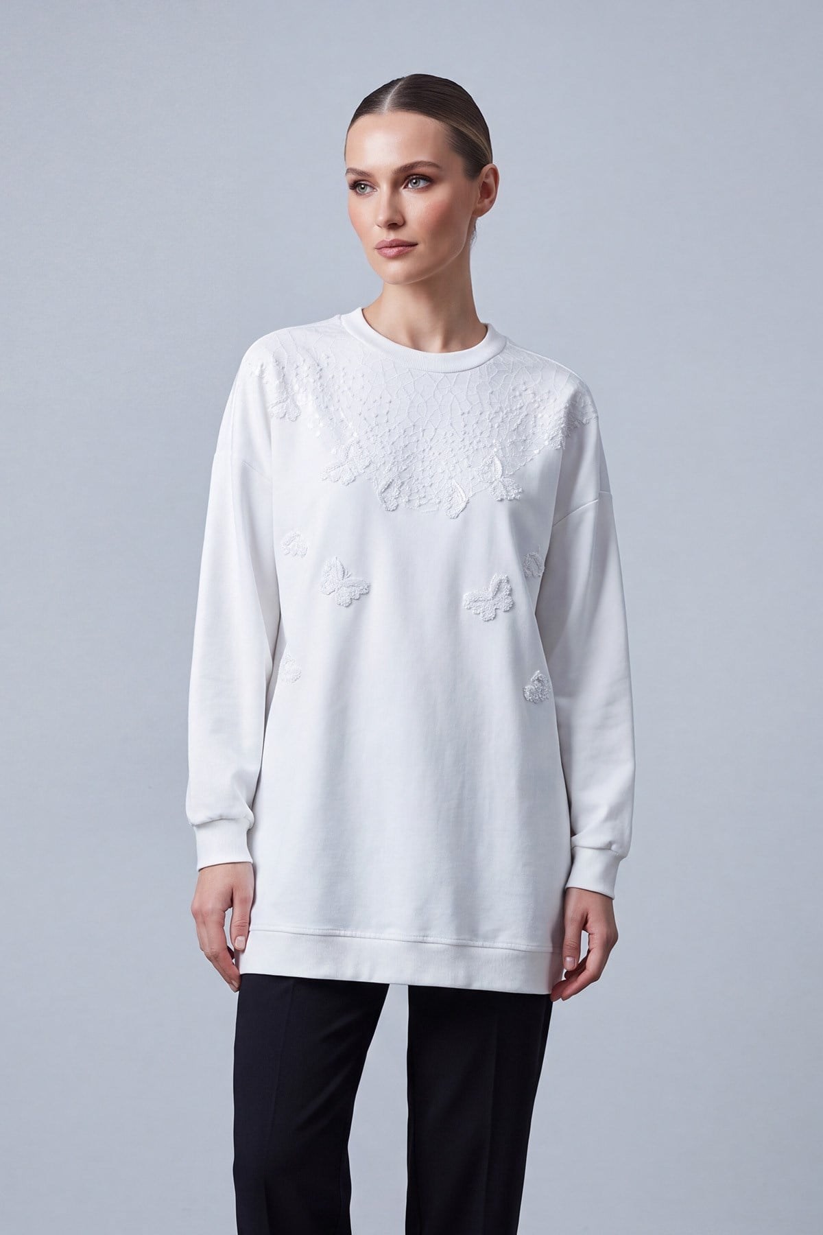 Kelebek Desenli Tunik 10808 Ekru Tunik PUANE 
