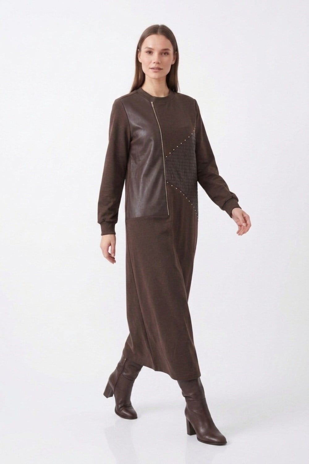 Deri ve Fermuar Detay Elbise 12723 Browni Elbise PUANE 