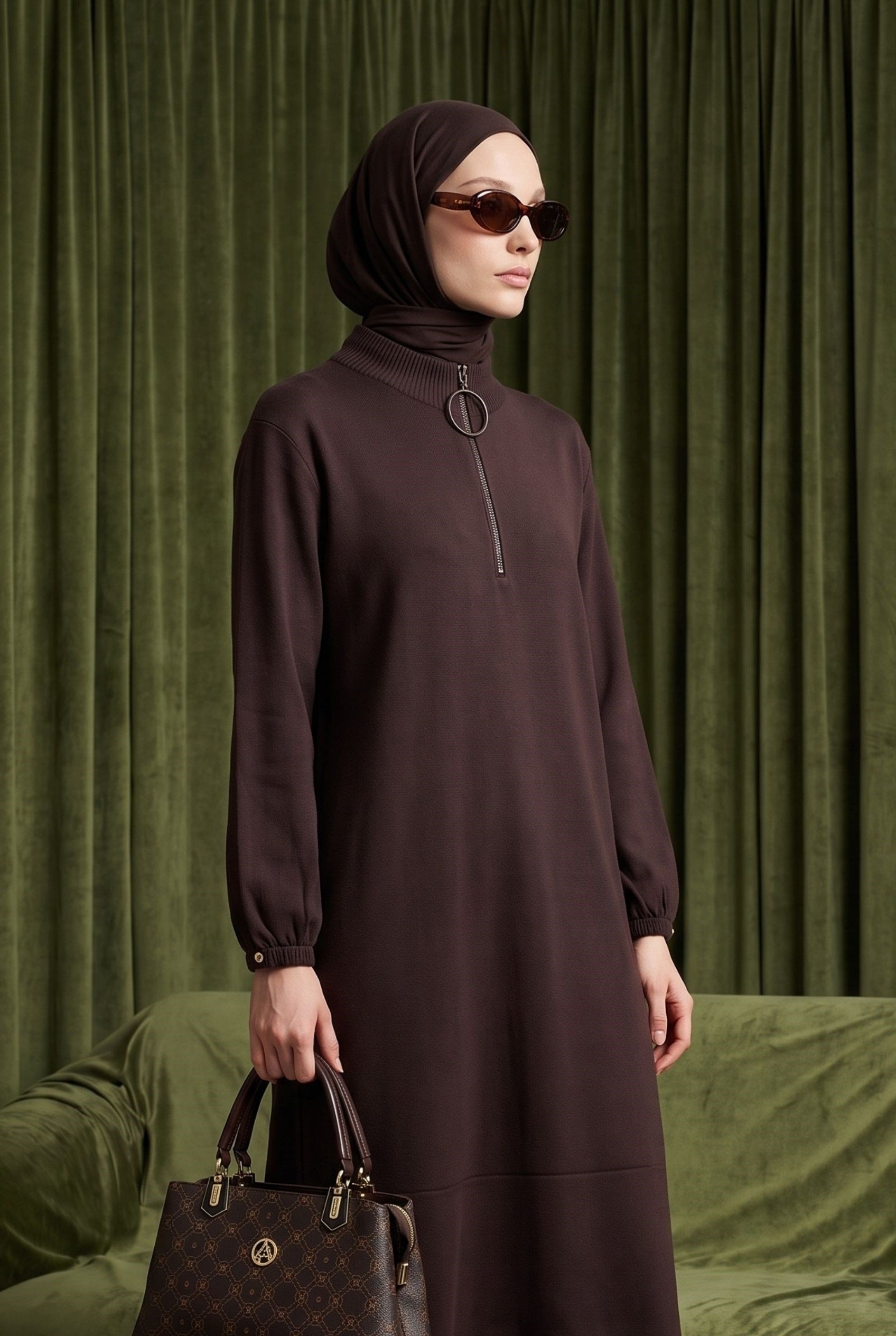 Armine Trend 26KTD905 Yarım Fermuar Detaylı Elbise Kahverengi Elbise ARMİNE TREND 