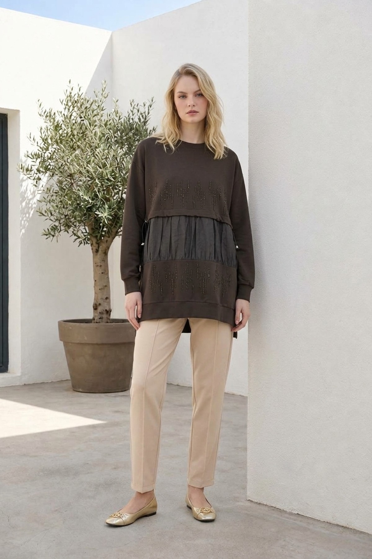 Dik Taş Baskılı Tunik 10825 Browni Tunik PUANE 