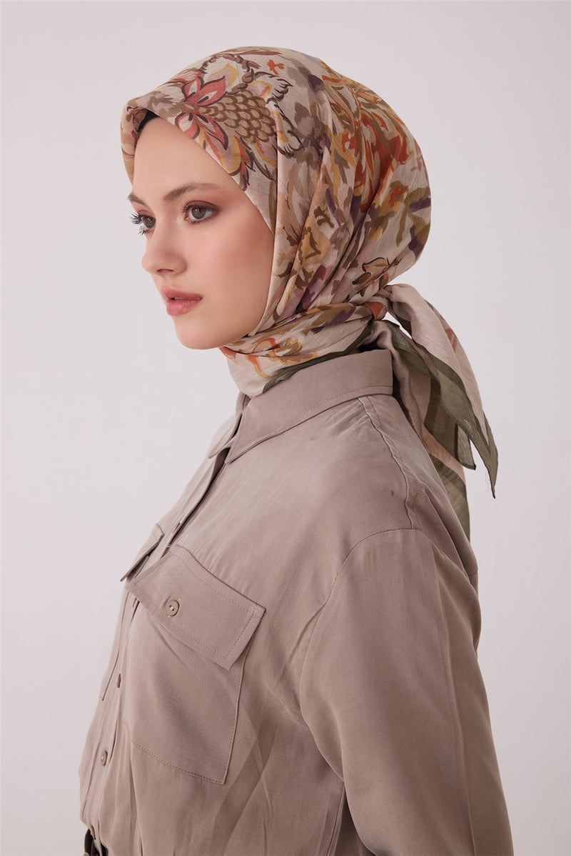 Belli 1194 Soyut Desenli Rozy Eşarp Haki Eşarp BELLI 