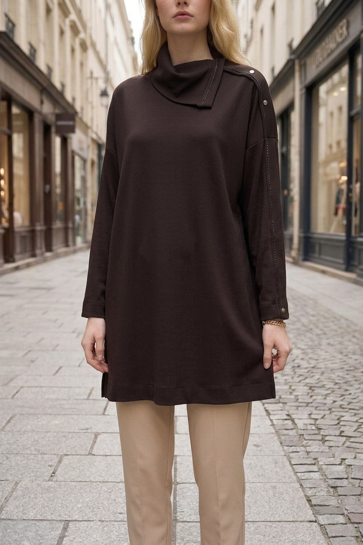 Avenna 26KA411 Yakası Triko Garnili Tunik Kahve Tunik ARMİNE TREND 