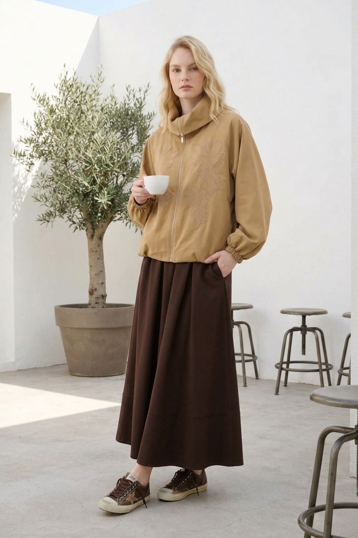 Çiçek Nakış Baskılı Kap 9316 Camel Kap JUPE STORE 
