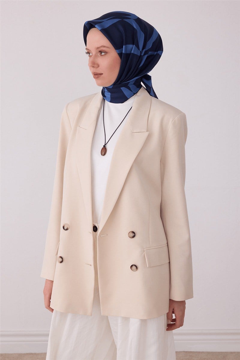 Belli 4429 Fırça Akışı Soyut %100 Twill İpek Eşarp Lacivert Eşarp BELLI 