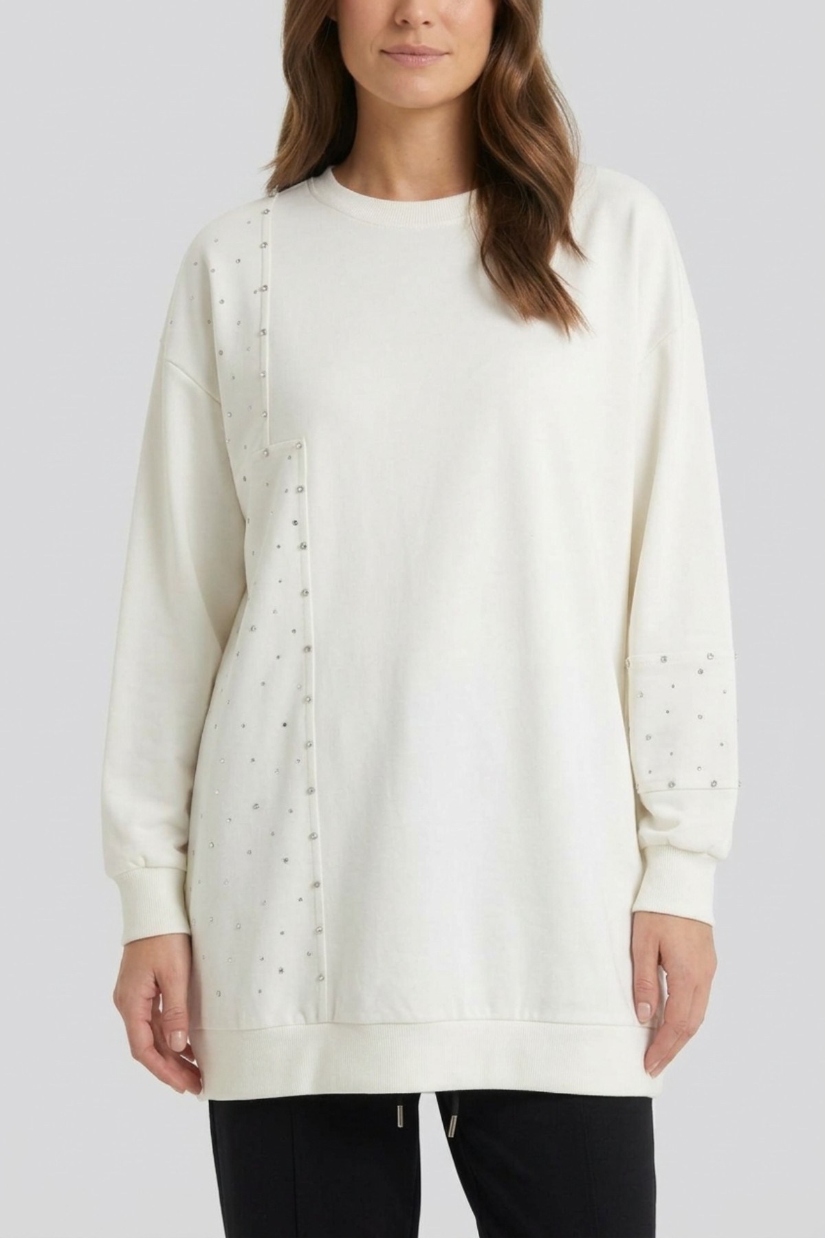 Parçalı Taşlı S-Shırt 0034850 Ekru Tunik İKOLL 