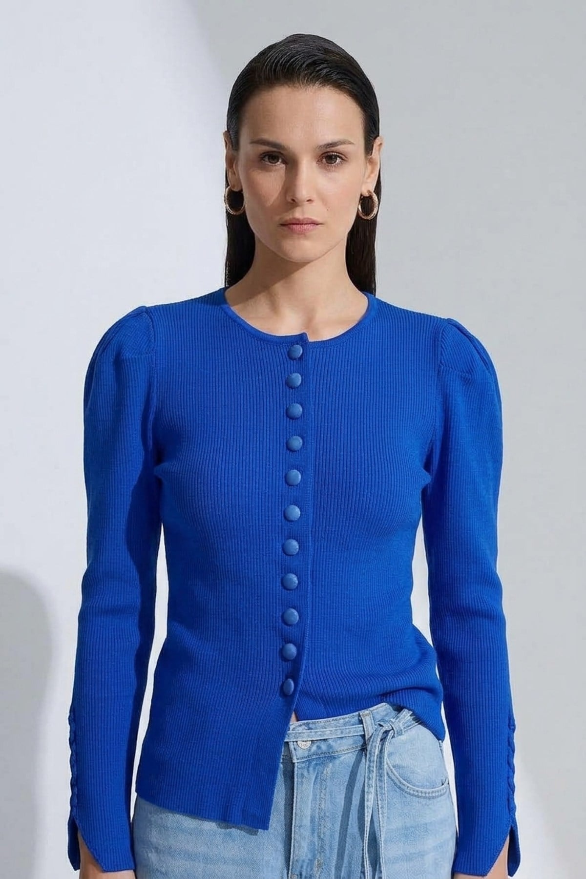 Düğme Detaylı Bluz 140687 Saks Bluz NEFİSE 