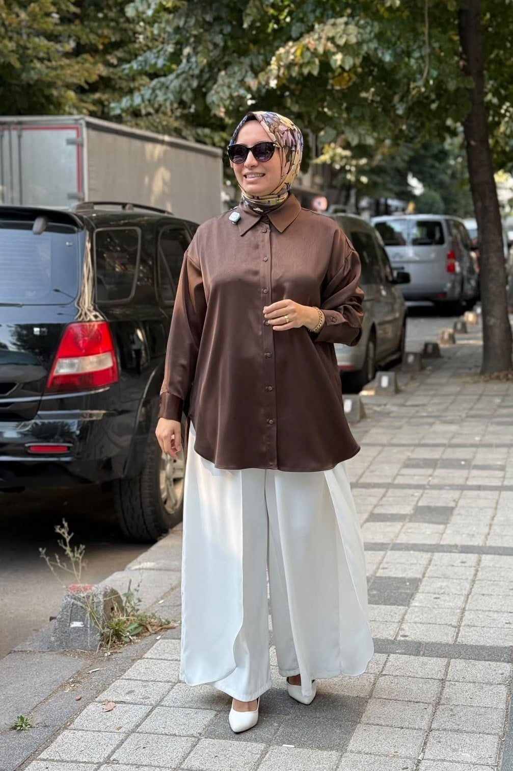 Kraşlı Saten Gömlek 0037998 Kahve Tunik İKOLL 