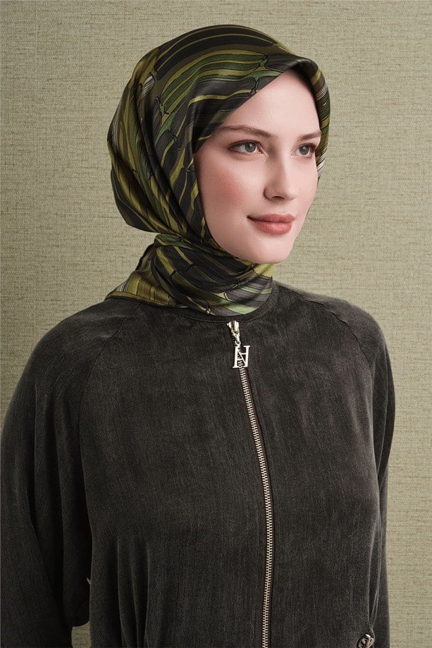 Armine Dj Saf Twill İpek Eşarp 9616D (T) - Yağ Yeşili Eşarp ARMİNE 