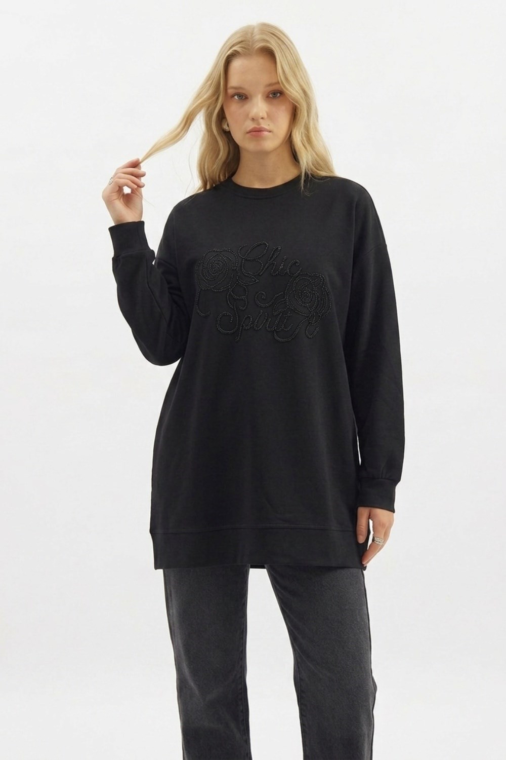 Boncuk Nakışlı Basıc Tunik 0037869 Siyah Tunik İKOLL 