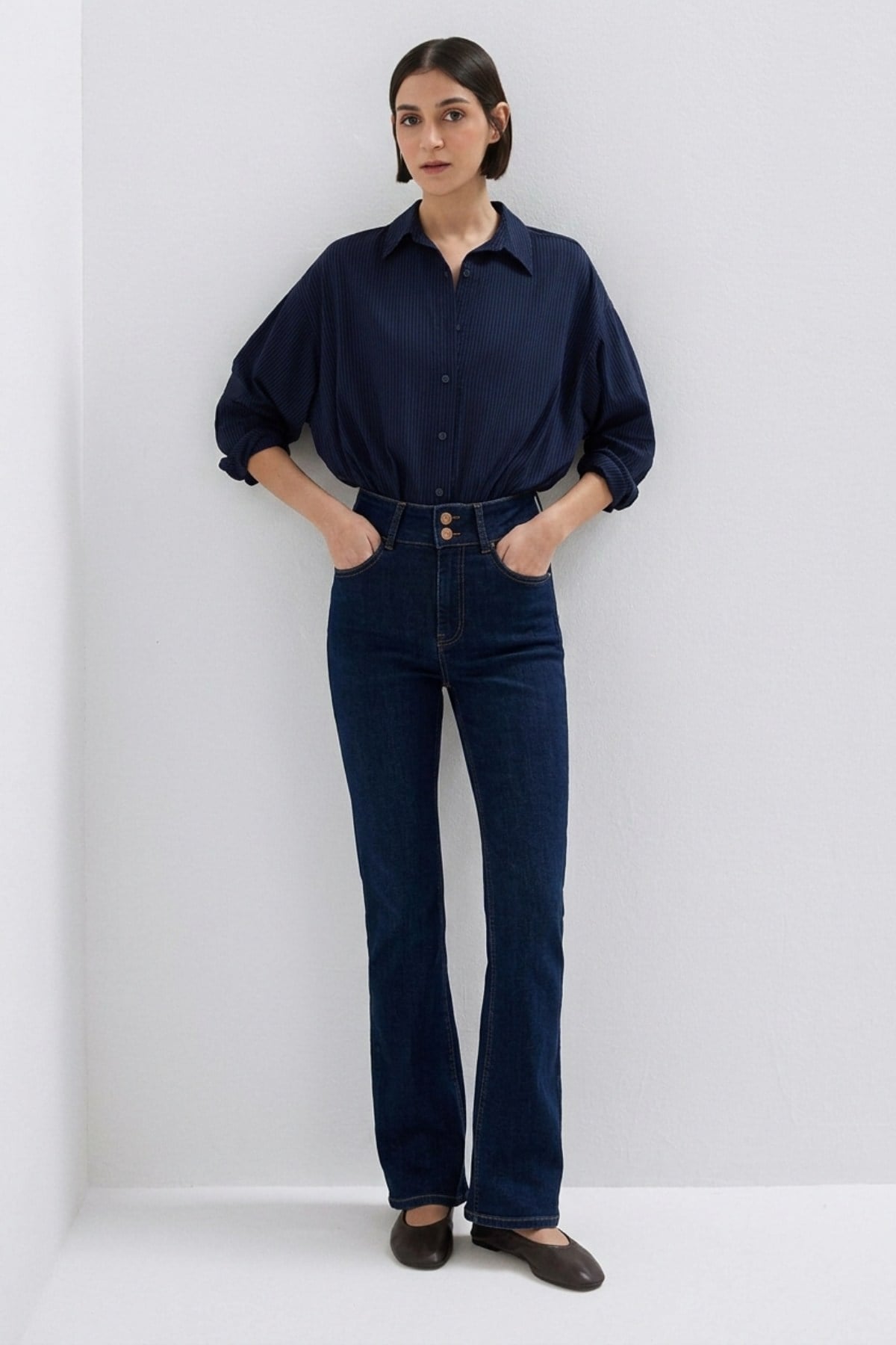 Pensli Geniş Kemerli Kot Pantolon 7151 Slaplı Lacivert Pantolon XLove Jeans 