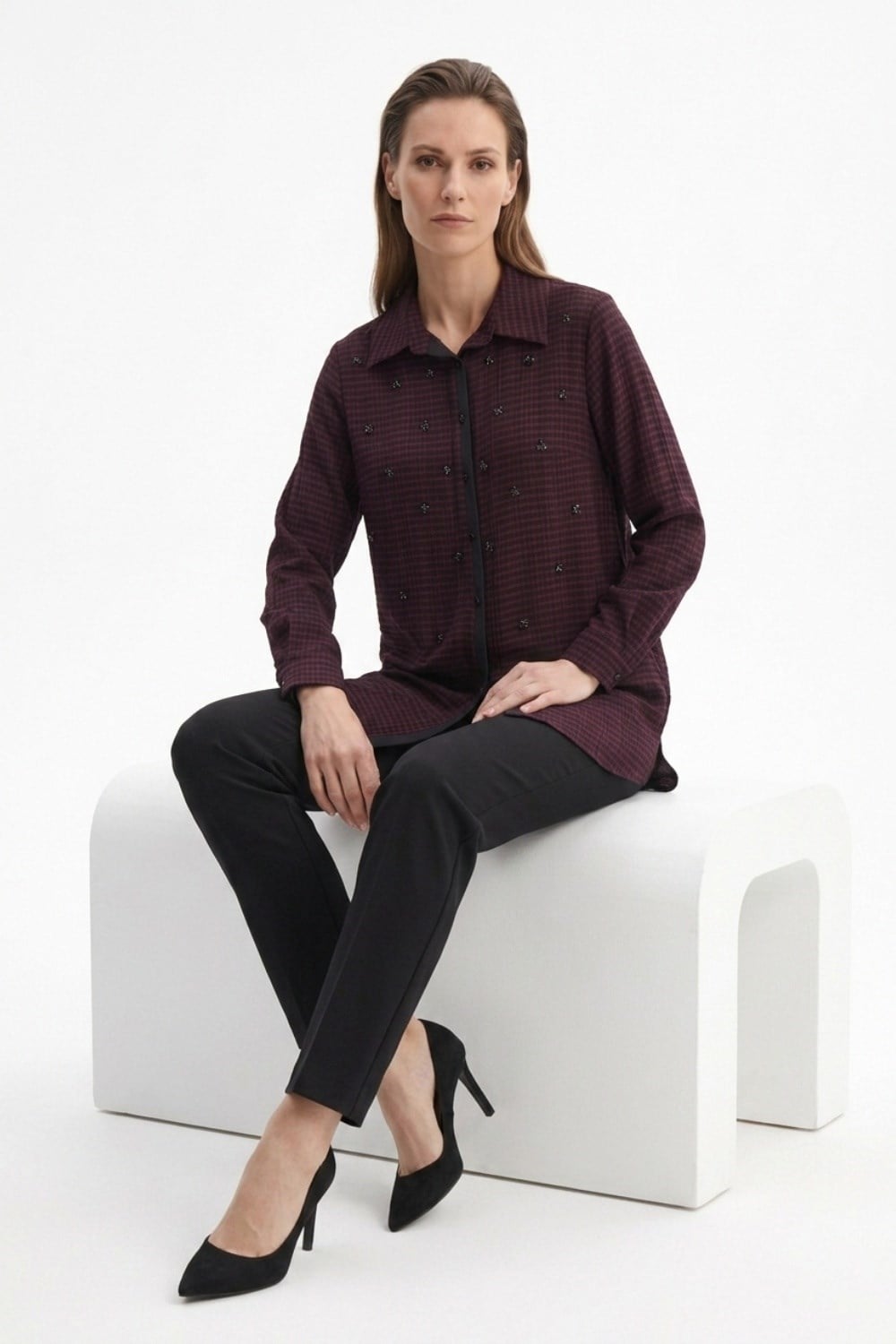 Fuat Gürşen 6304 Serpme Taş İşlemeli Tunik - Bordo Tunik FUAT GÜRŞEN 