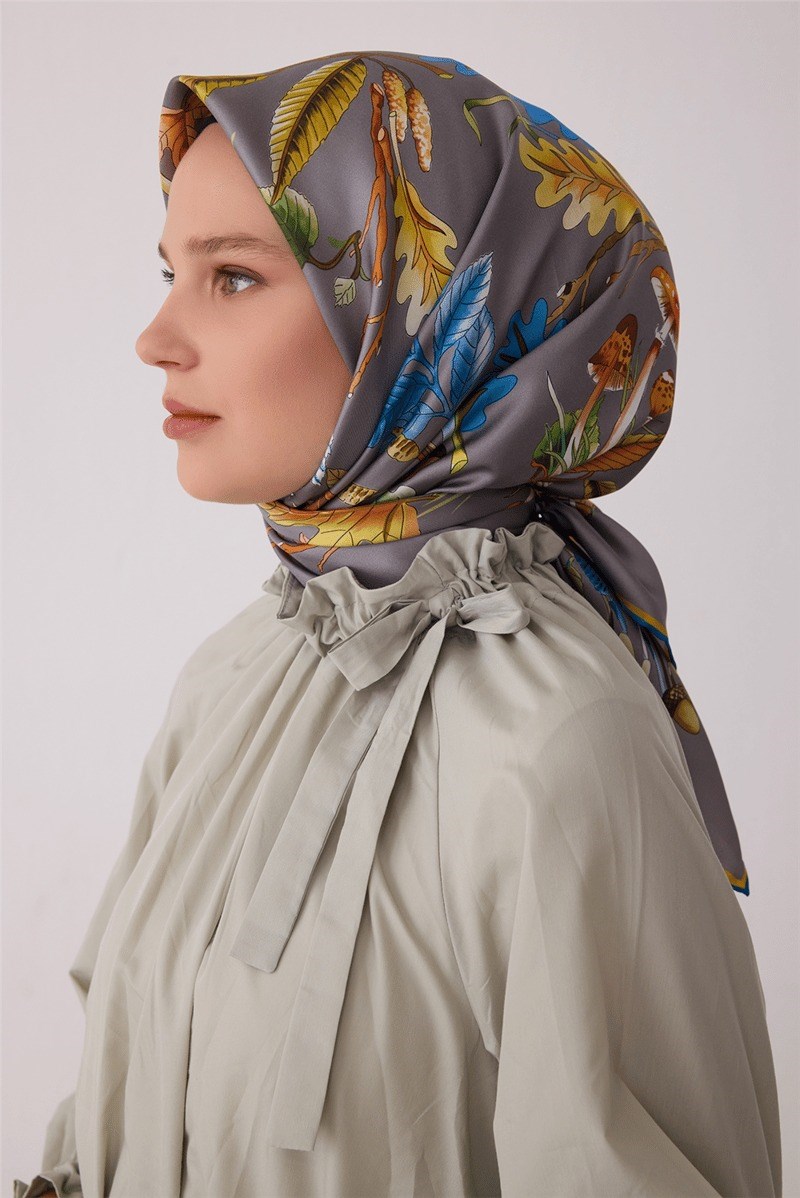 Belli 4412 Mermer Akış Soyut %100 Twill İpek Eşarp - Gri Eşarp BELLI 
