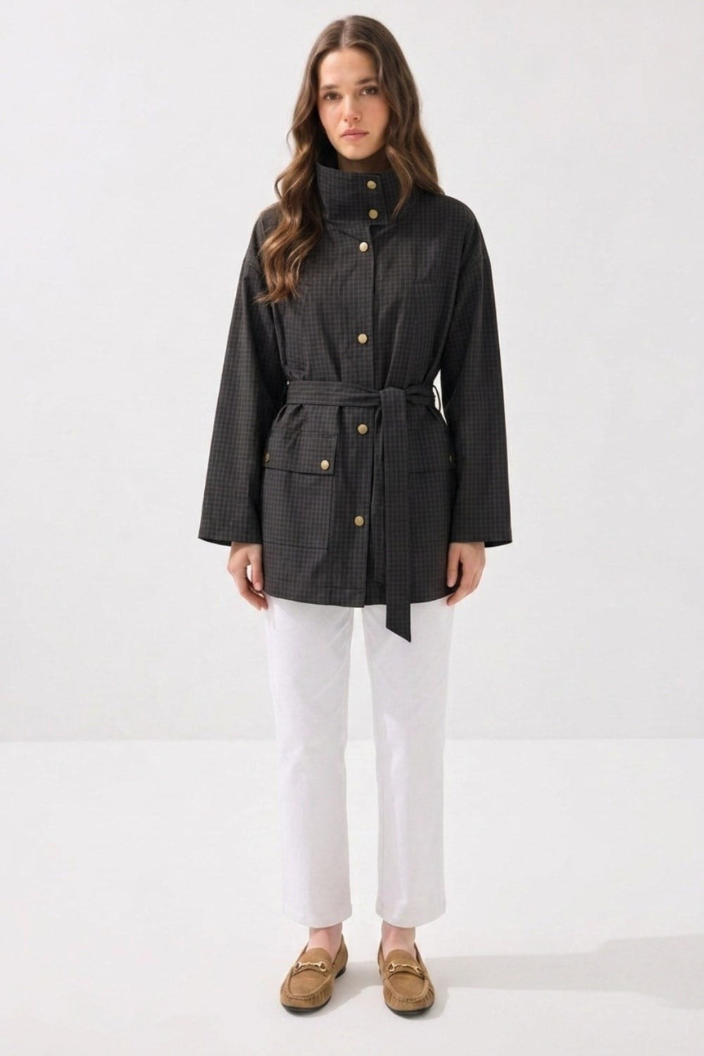 Yüksek Yakalı Çıtçıt Detaylı Trenchcoat 0037889 Lacivert Kap İKOLL 