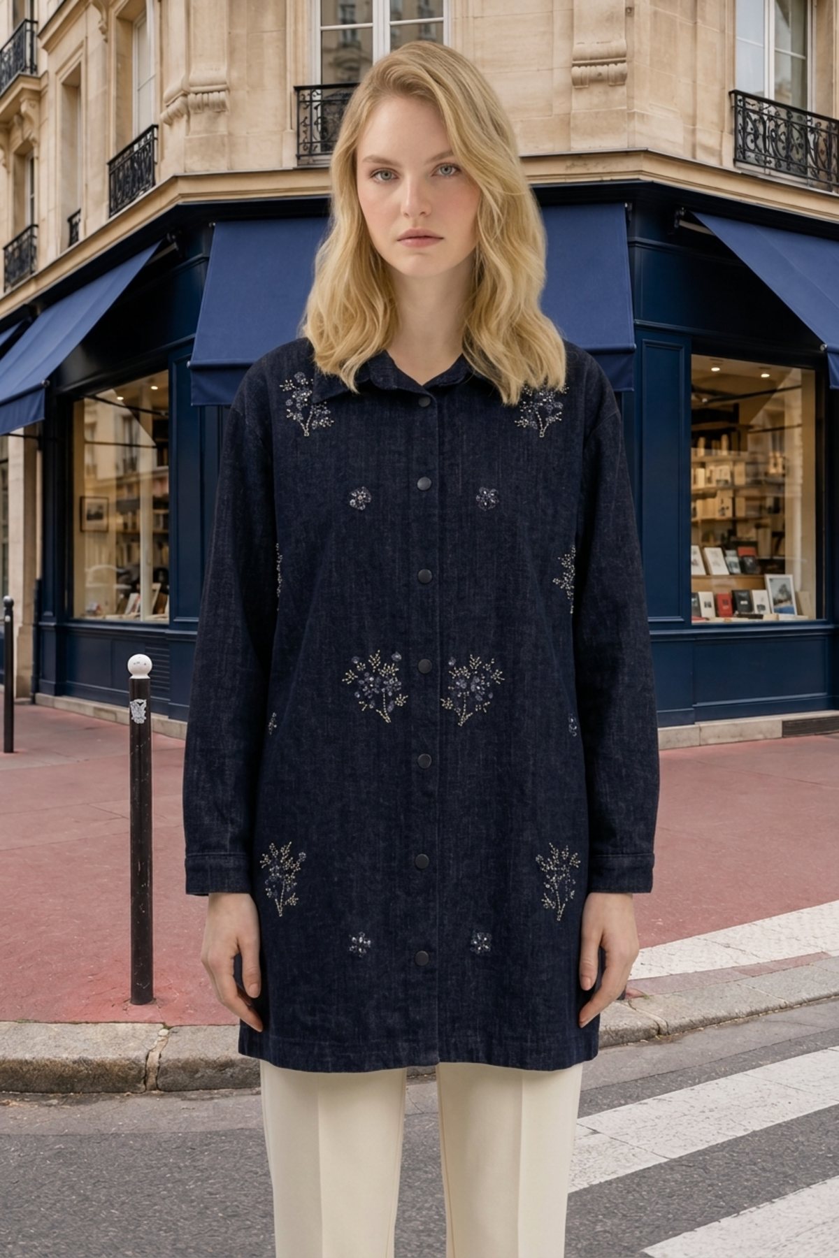 Ön Çiçekleri Boncuk Detay Düğmeli Tunik 10833 F.Navy Tunik PUANE 