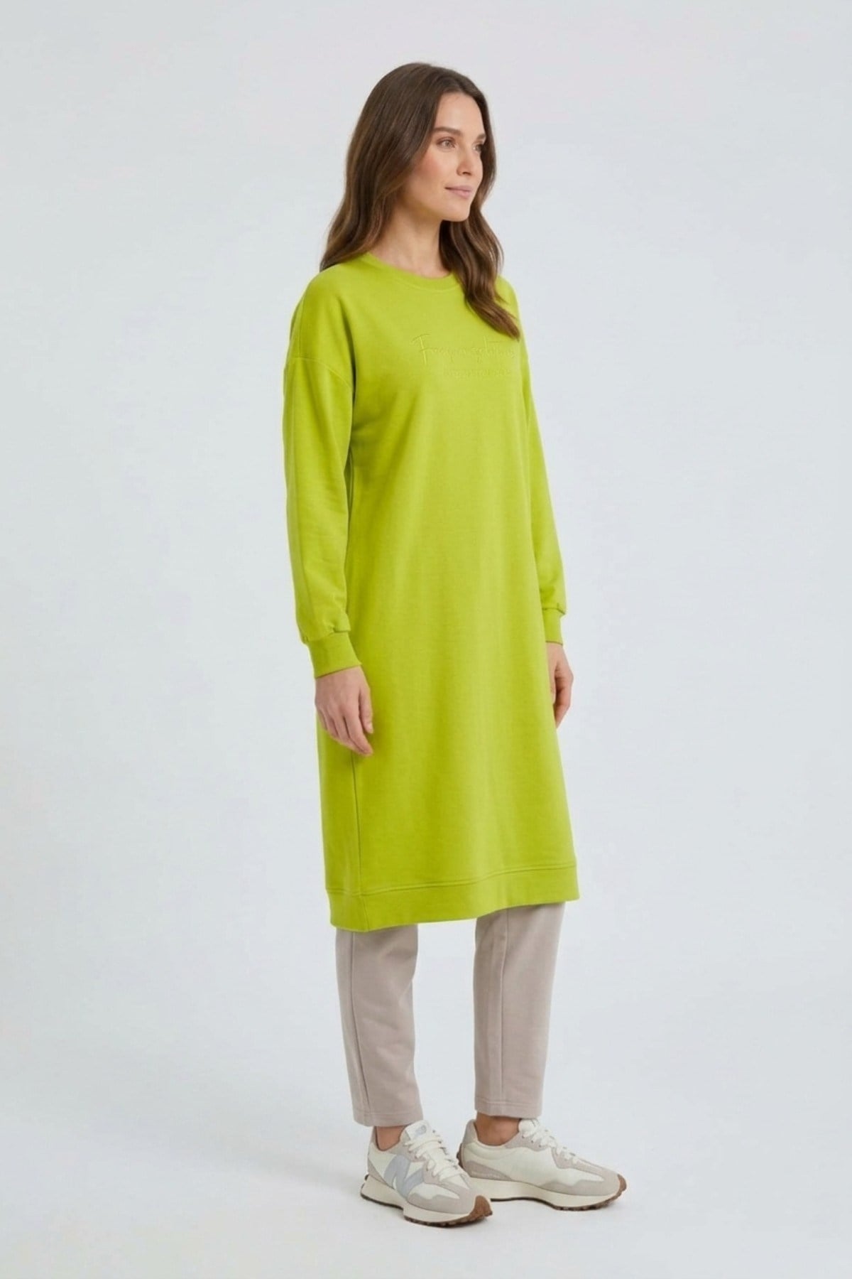 Tonaton Nakışlı Uzun Basıc S-Shırt 0034436 Lime Tunik İKOLL 