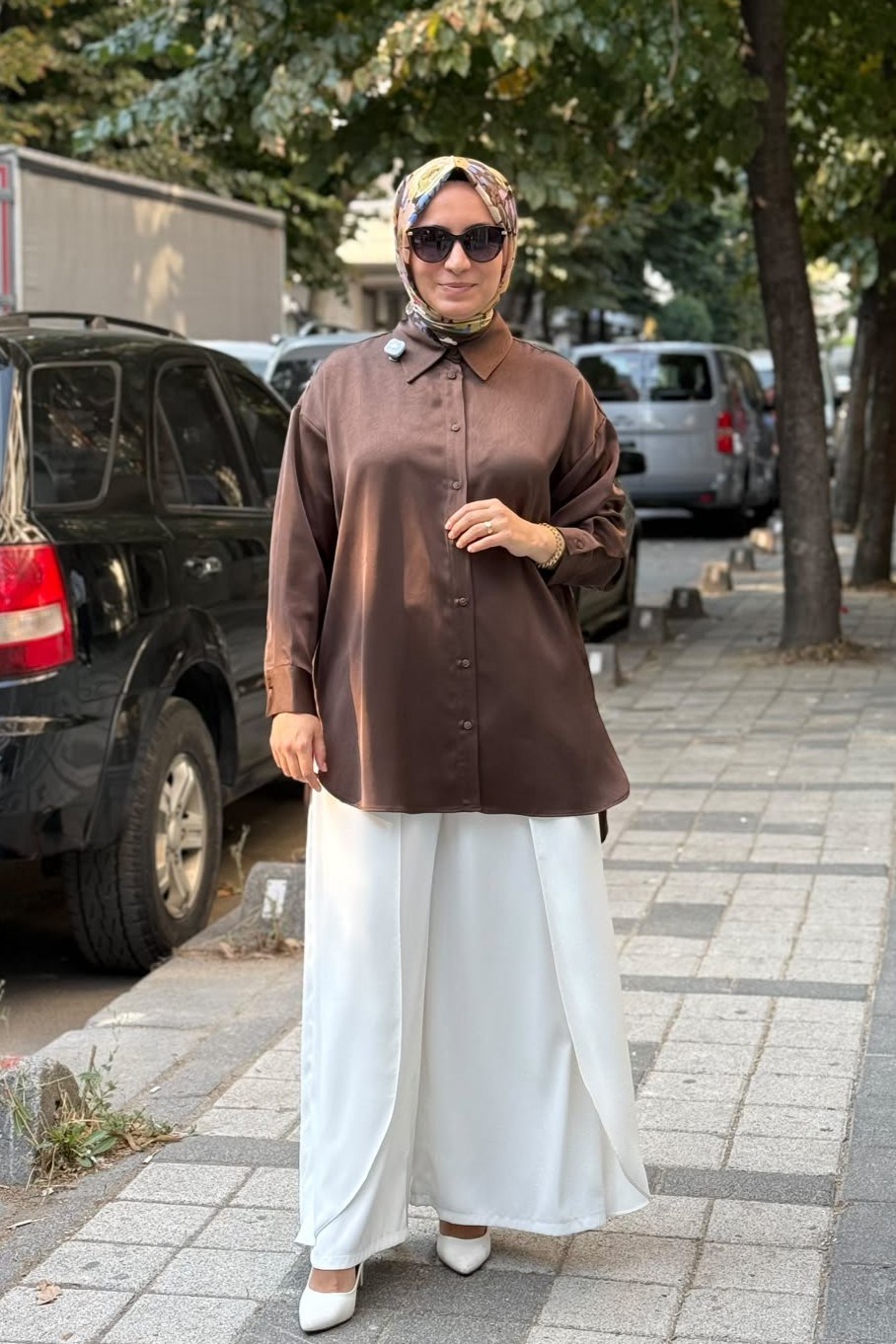 Kraşlı Saten Gömlek 0037998 Kahve Tunik İKOLL 