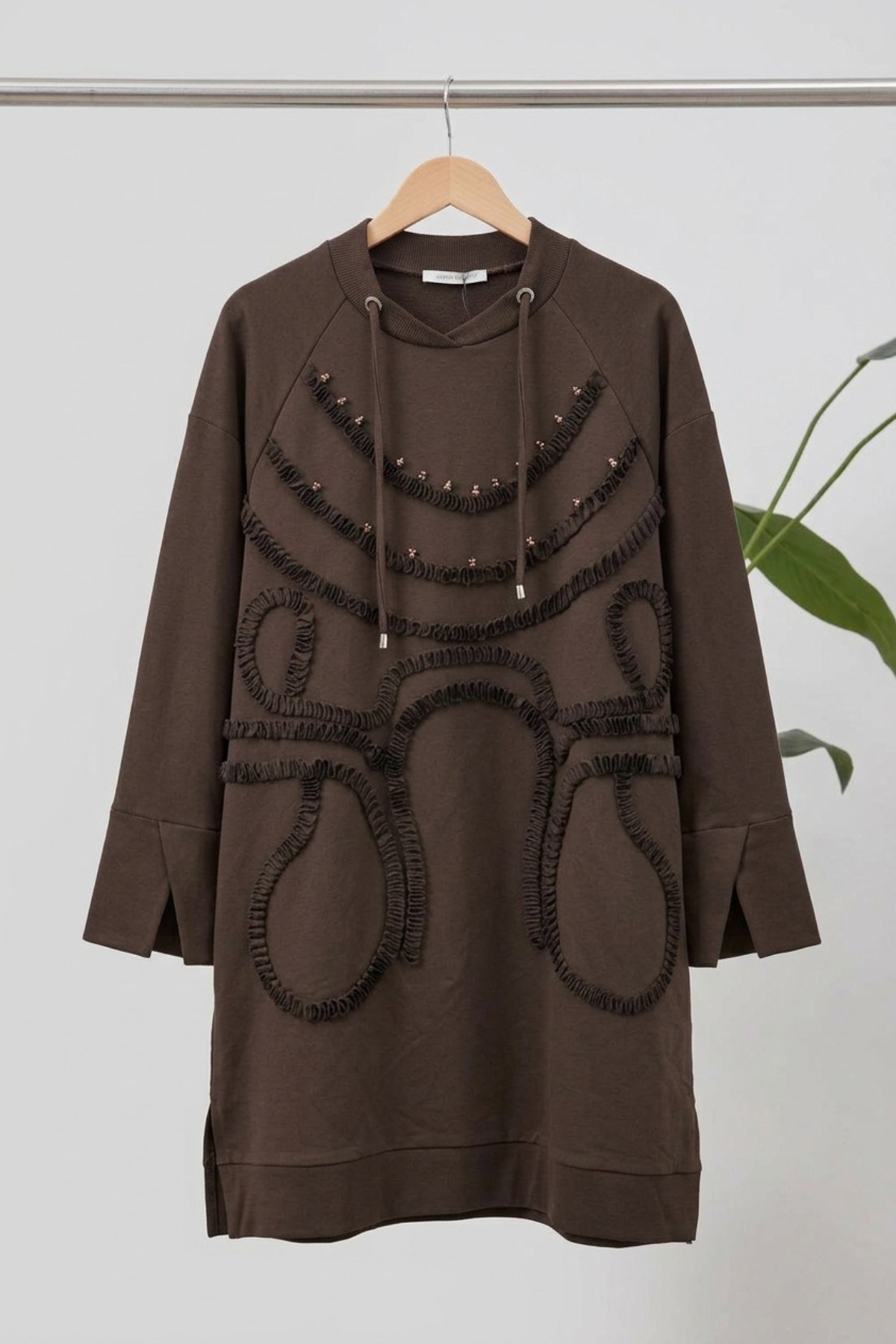 Ön Büzgü Kumaş İşlemeli Tunik 10819 Browni Tunik PUANE 