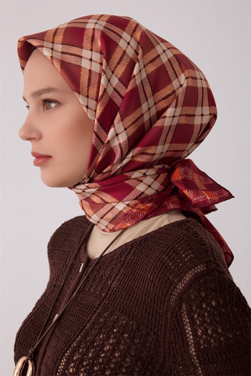 Belli 4421 Düğümlü Kafes Geometrik %100 Twill İpek Eşarp - Pembe Eşarp BELLI 