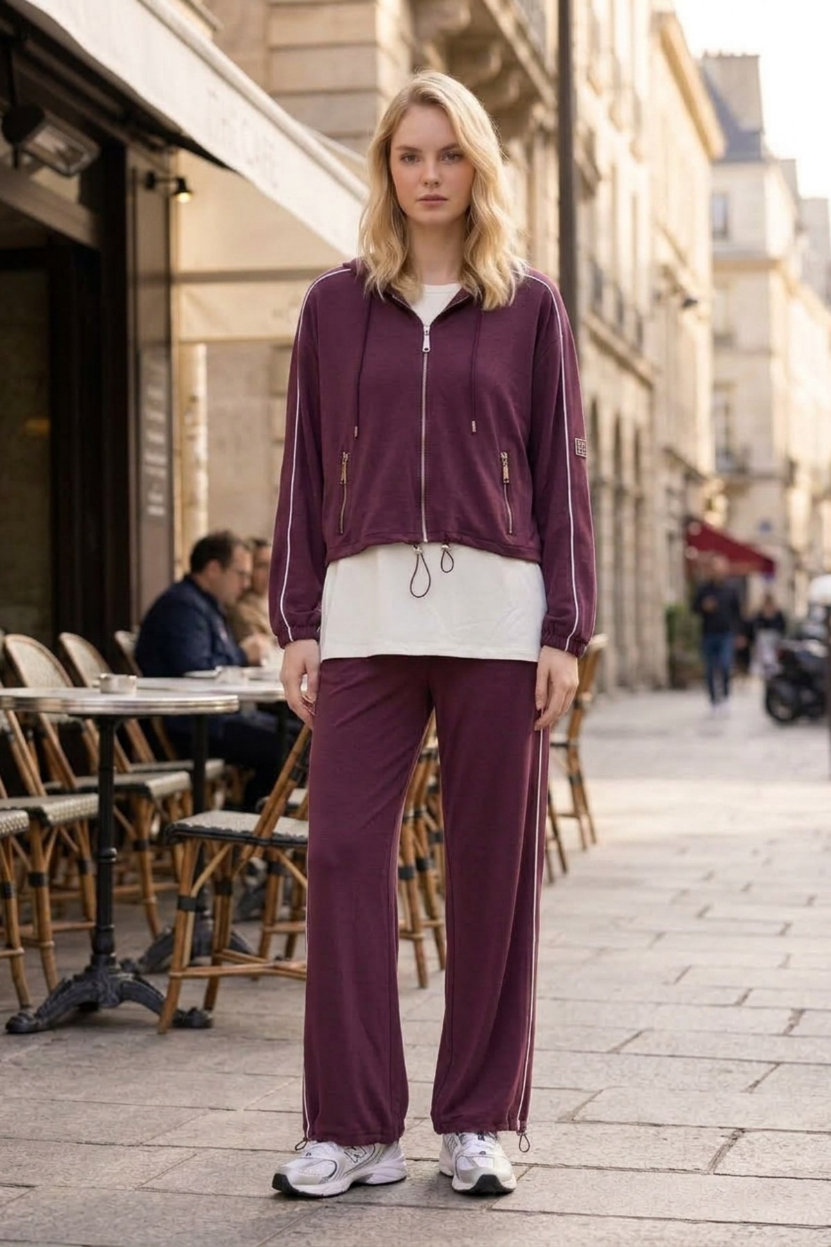 Şerit Detay Üçlü Pantolonlu Takım 1633 Mürdüm Takım STELLA STORE 
