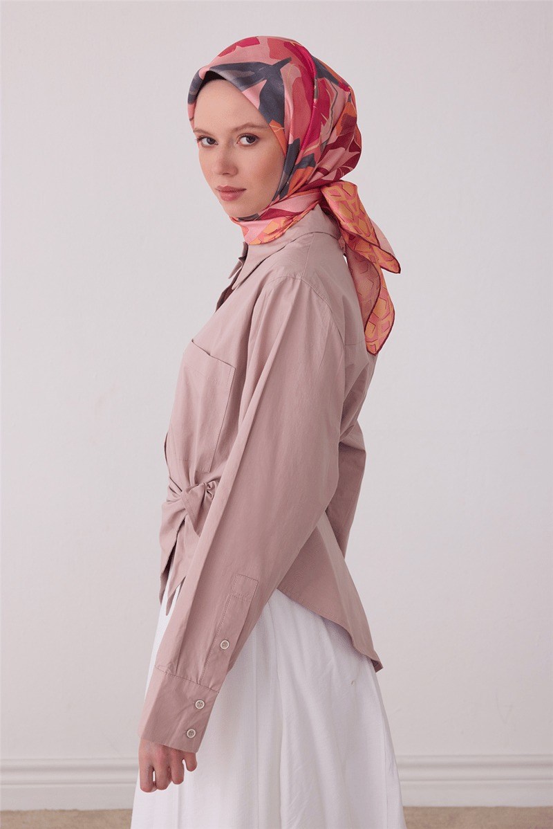 Belli 4426 Botanik Yaprak Çiçekli %100 Twill İpek Eşarp Pembe Eşarp BELLI 