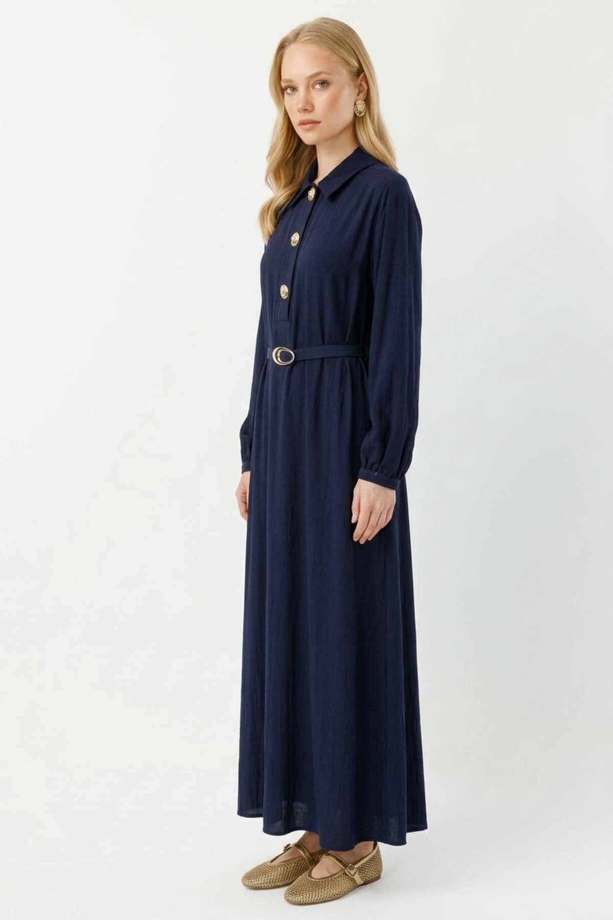 Düğme Detaylı Denim Görünümlü Elbise 0037052 Lacivert Elbise İKOLL 