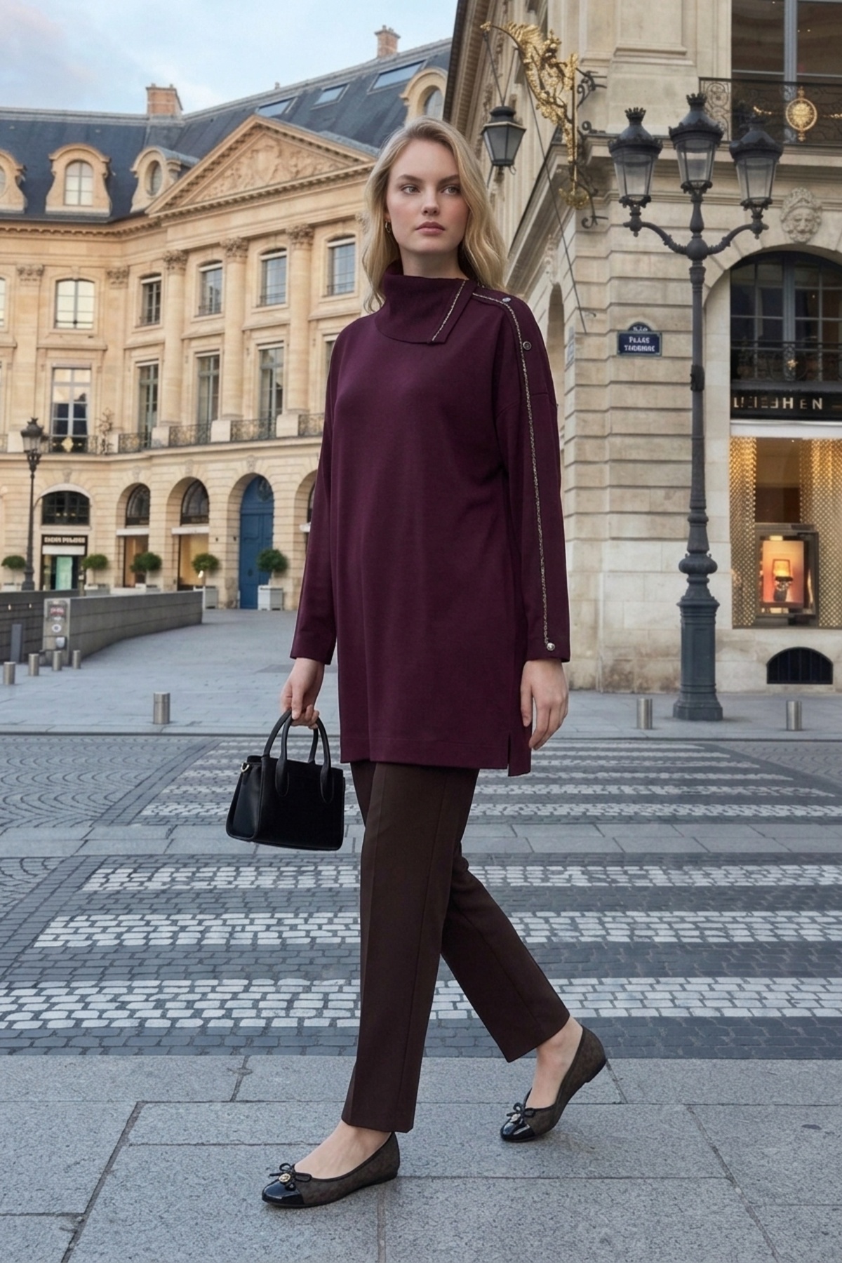 Avenna 26KA411 Yakası Triko Garnili Tunik Bordo Tunik ARMİNE TREND 