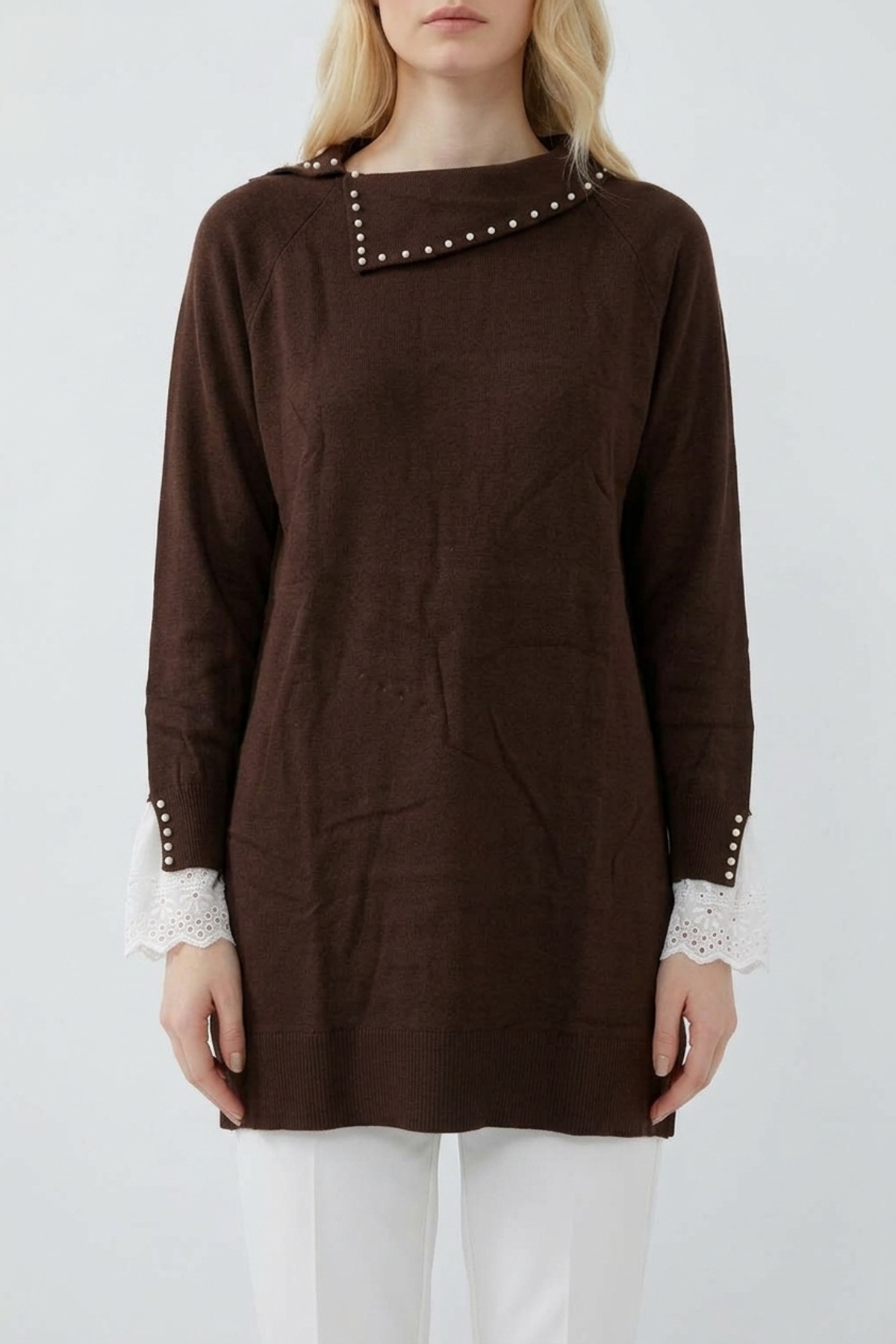 İnci ve Dantel Detaylı Tunik 146004 Kahve Tunik NEFİSE 