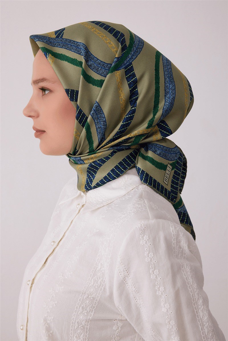 Belli 4424 Prizma Mozaik Geometrik %100 Twill İpek Eşarp - Su Yeşili Eşarp BELLI 