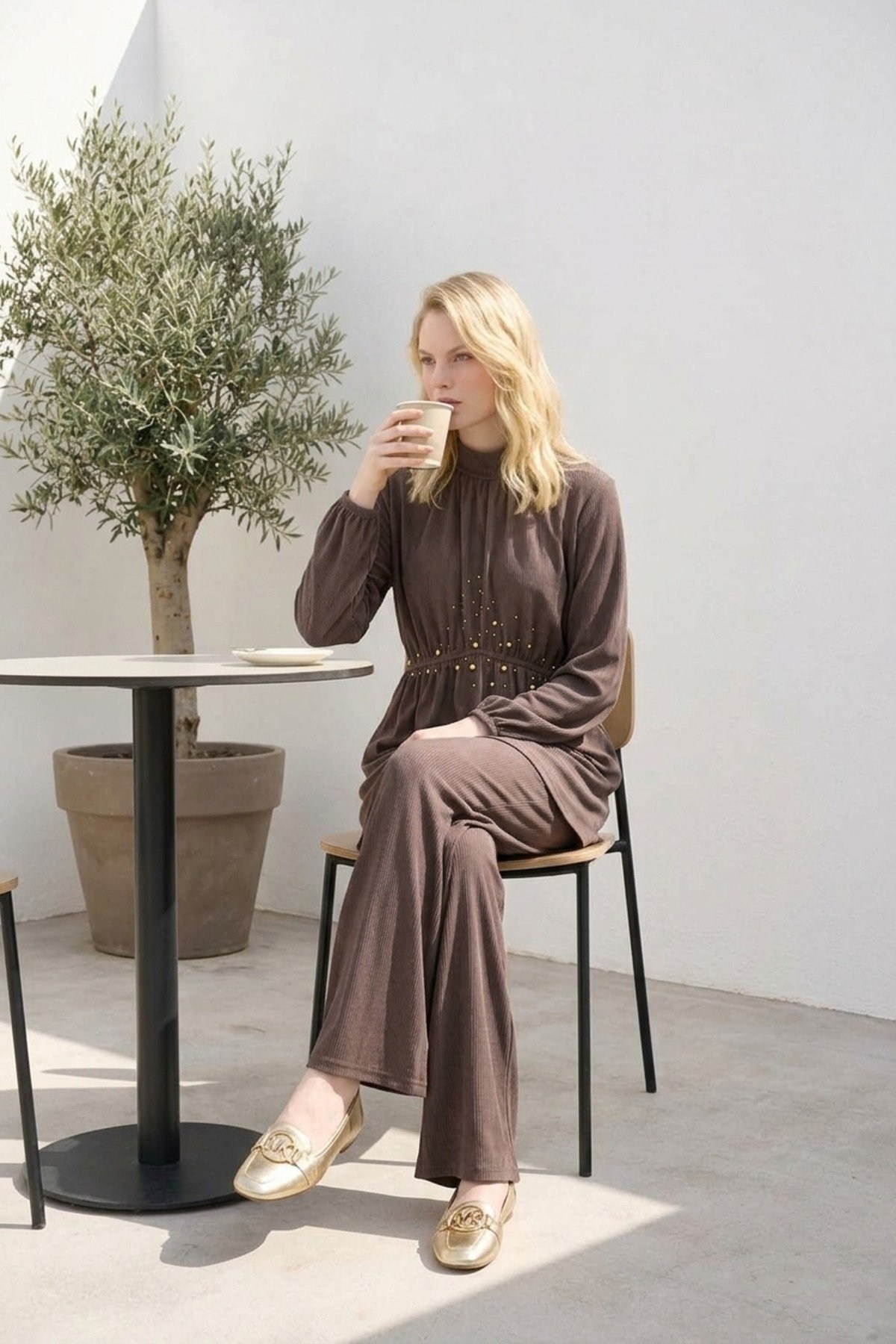 Bel Taş Baskılı Pantolonlu Takım 8680 Kahve Takım JUPE STORE 