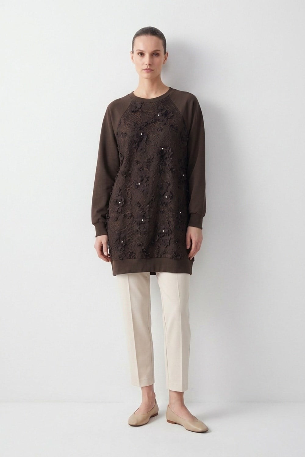 Ön Çiçek Tül Detay Tunik 10823 Browni Tunik PUANE 