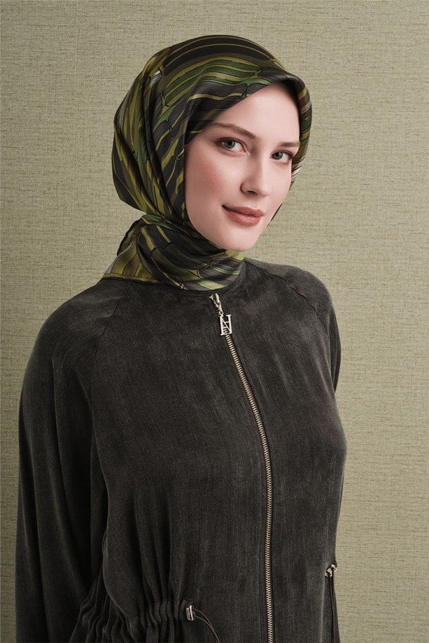 Armine Dj Saf Twill İpek Eşarp 9616D (T) - Yağ Yeşili Eşarp ARMİNE 