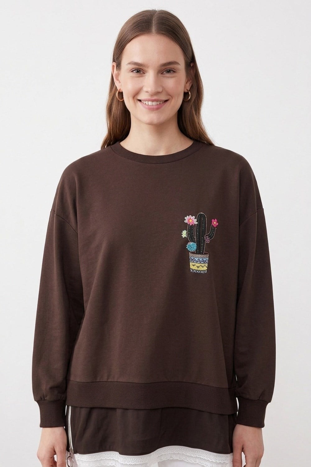 Etek Ucu Dantel Detay Kaktüs Tunik 10818 Browni Tunik PUANE 