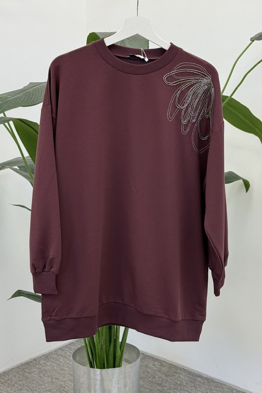Tek Omuz İşlemeli İnce Sweat Tunik 3494 Mürdüm Tunik Ekrutex 