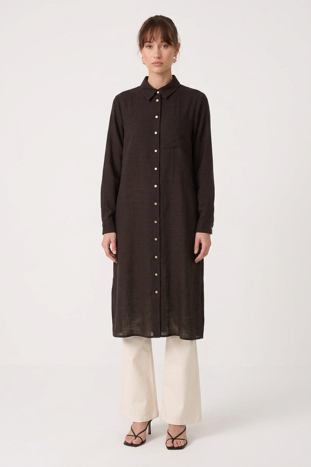 Armine Trend 26KT461 Düğme Detaylı Uzun Tunik Kahverengi Tunik ARMİNE TREND 