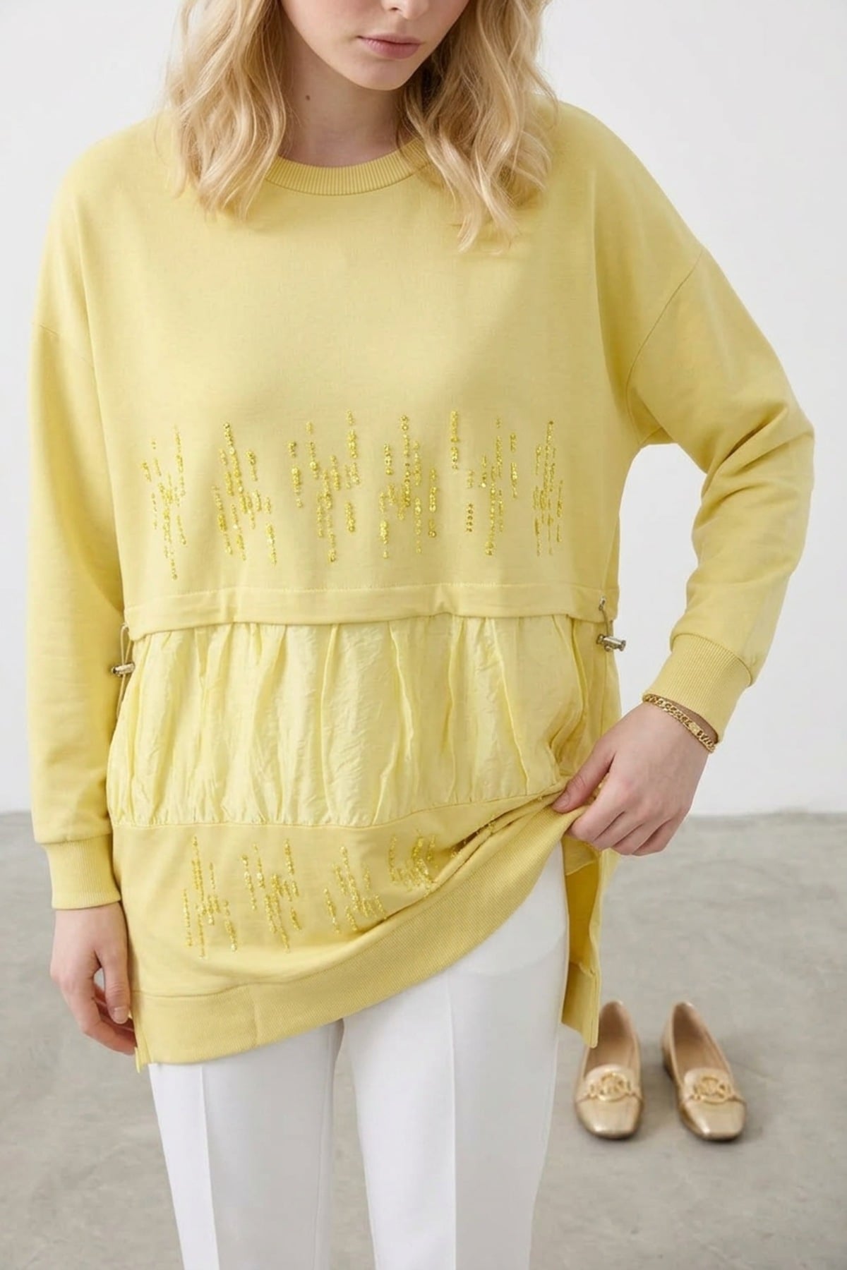 Dik Taş Baskılı Tunik 10825 Sarı Tunik PUANE 