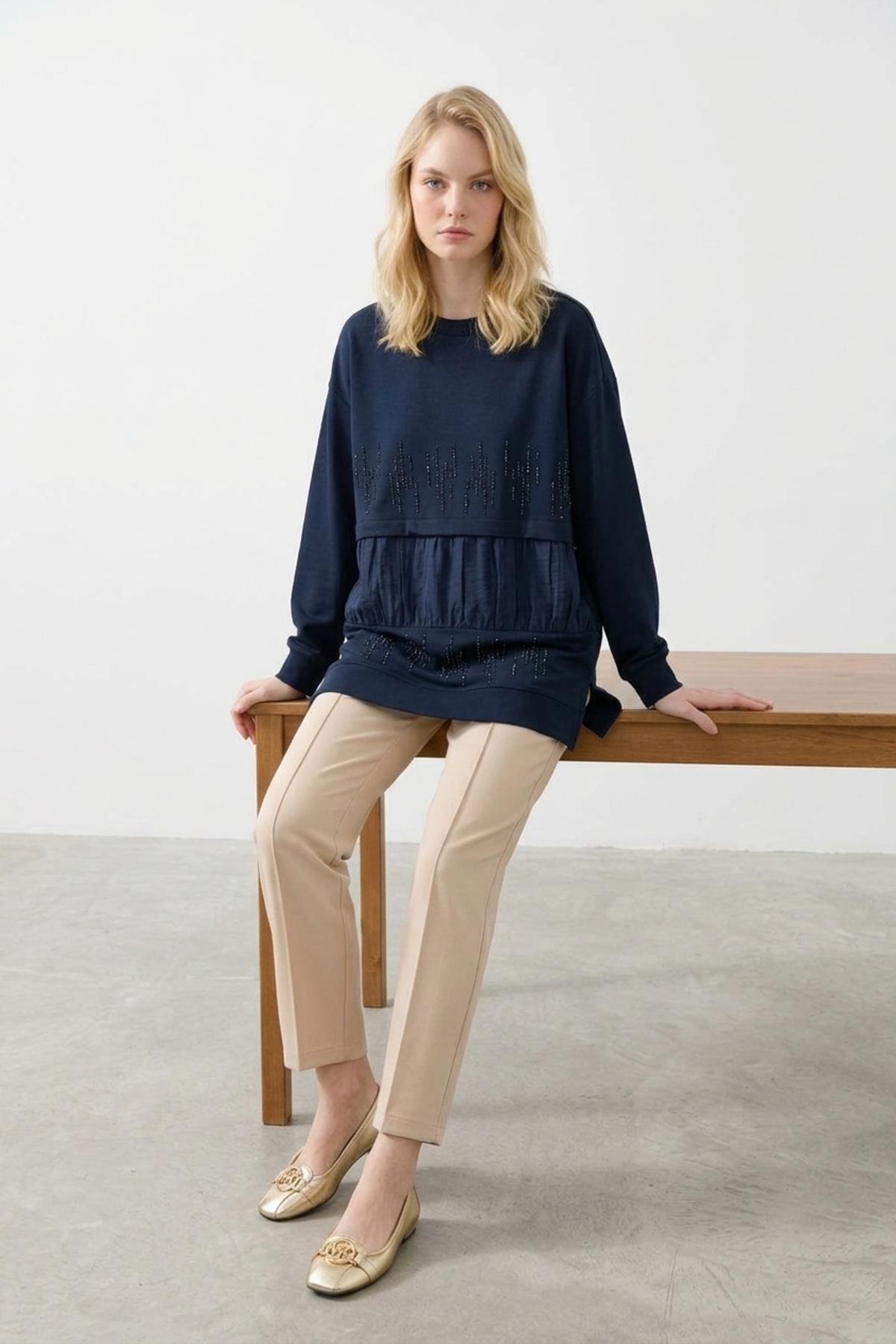 Dik Taş Baskılı Tunik 10825 F.Navy Tunik PUANE 