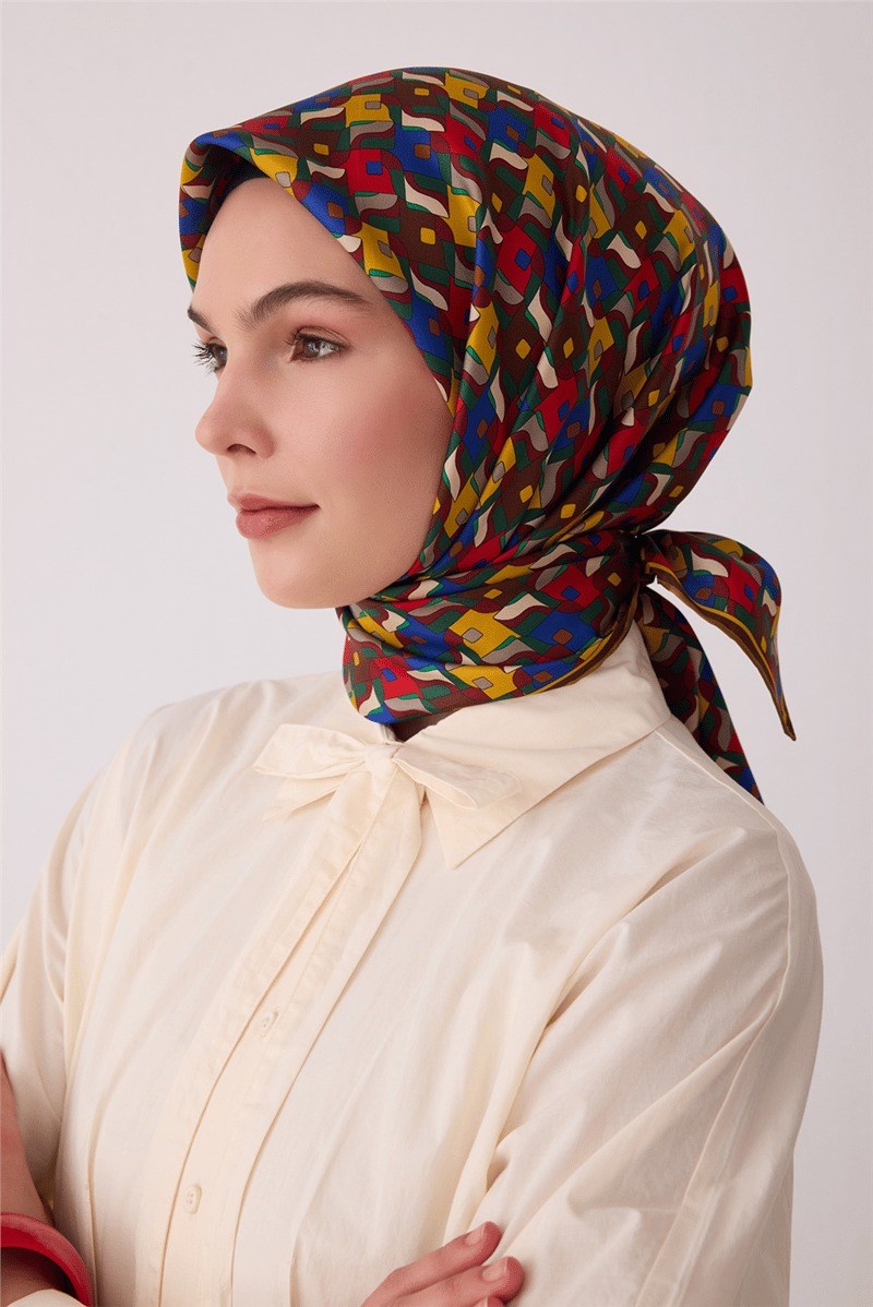 Belli 4402 Prizma Kafes Geometrik %100 Twill İpek Eşarp - Kırmızı Eşarp BELLI 