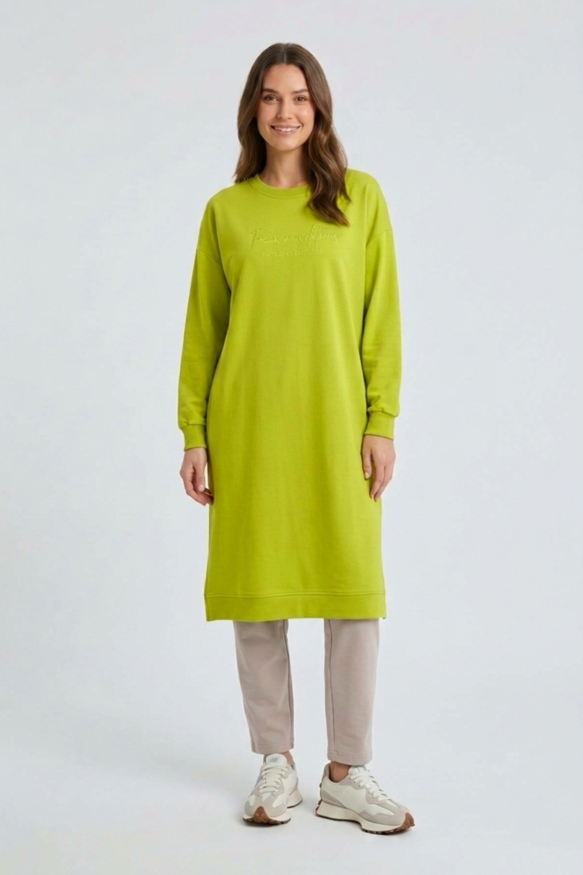 Tonaton Nakışlı Uzun Basıc S-Shırt 0034436 Lime Tunik İKOLL 