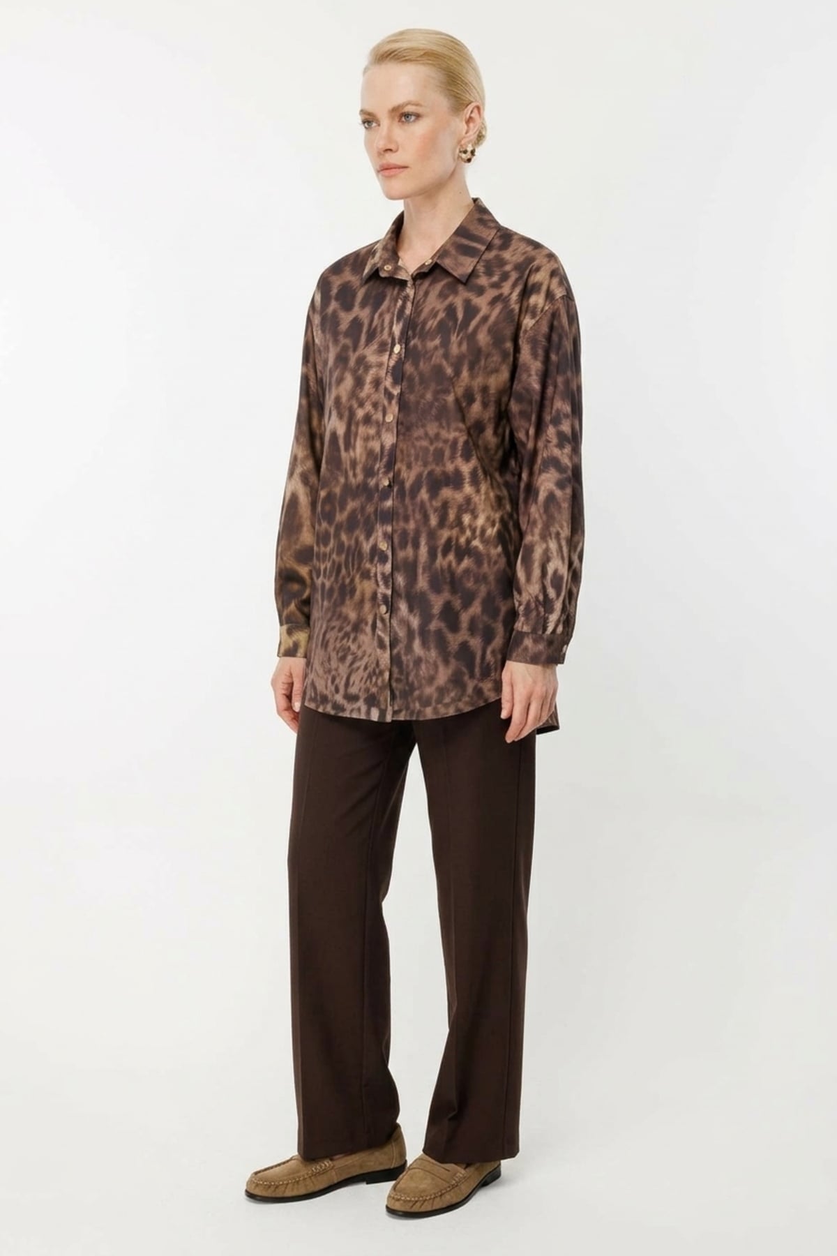 Ghisa Leopar Baskılı Gömlek Tunik 4520 Kahve Tunik GHİSA 