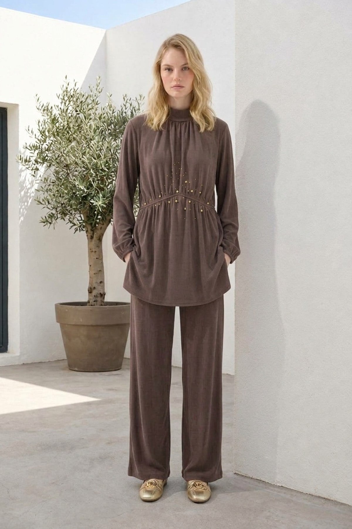 Bel Taş Baskılı Pantolonlu Takım 8680 Kahve Takım JUPE STORE 