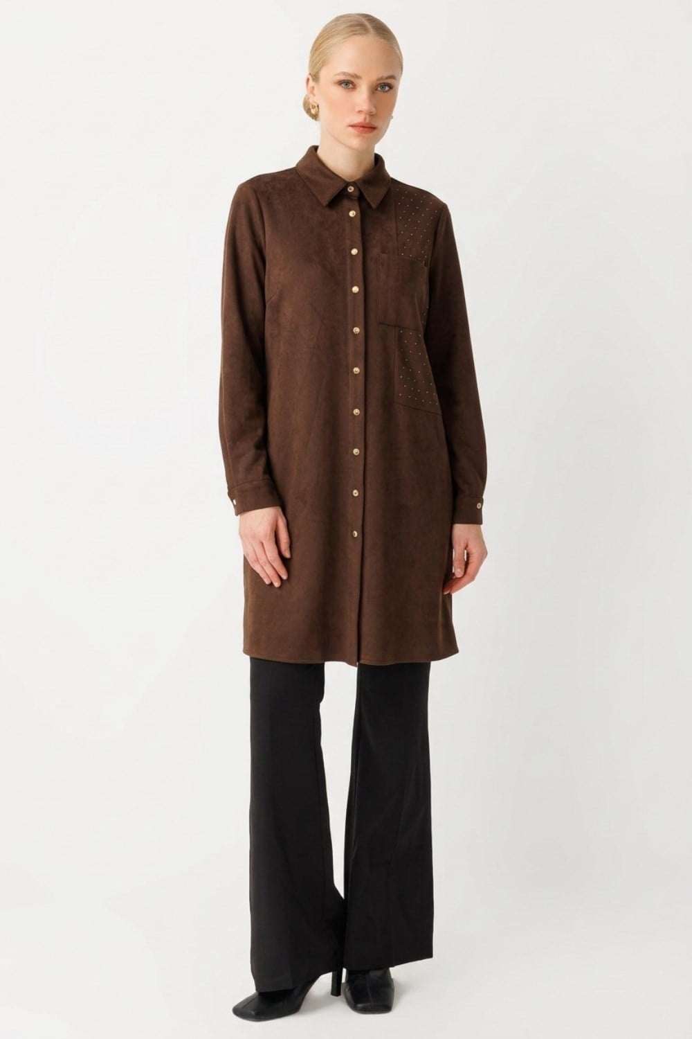 Armine Trend 26KT445 Bir Yanı Taş Baskılı Tunik Kahverengi Tunik ARMİNE TREND 