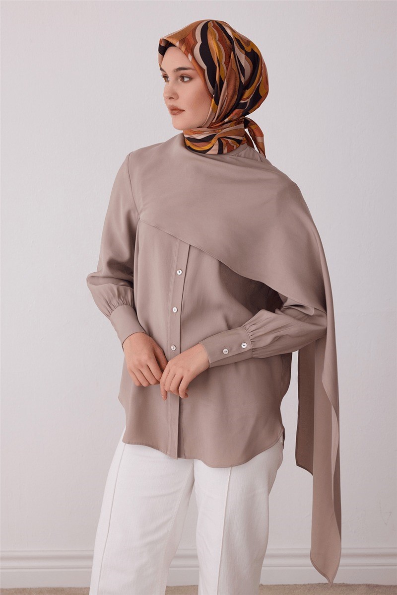 Belli 4414 Dalga Katmanları Soyut %100 Twill İpek Eşarp Açık Kahve Eşarp BELLI 