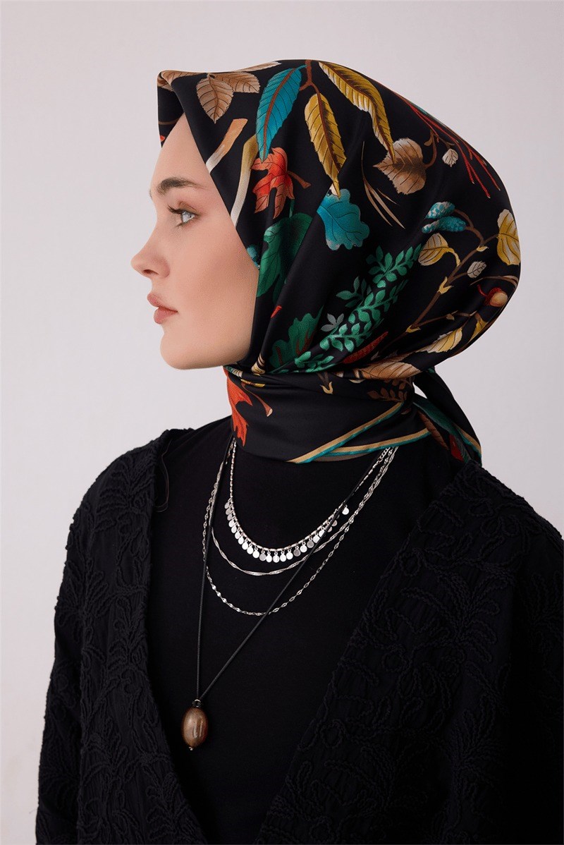 Belli 4412 Mermer Akış Soyut %100 Twill İpek Eşarp - Siyah Eşarp BELLI 