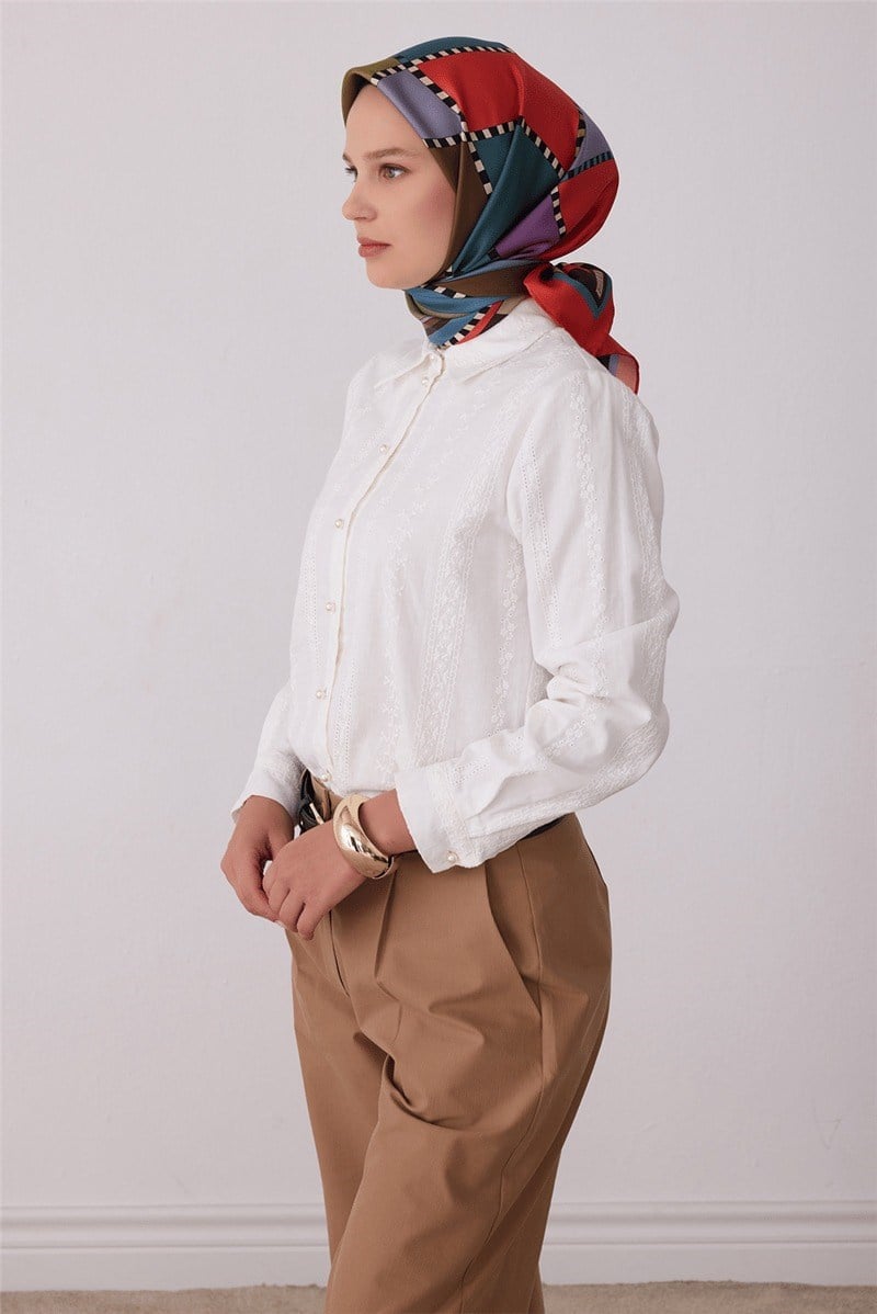 Belli 4419 Simetrik Mozaik Geometrik %100 Twill İpek Eşarp Mercan Eşarp BELLI 