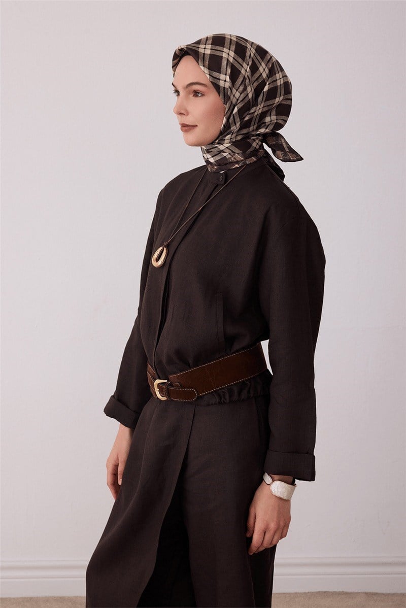 Belli 4421 Düğümlü Kafes Geometrik %100 Twill İpek Eşarp - Acı Kahve Eşarp BELLI 