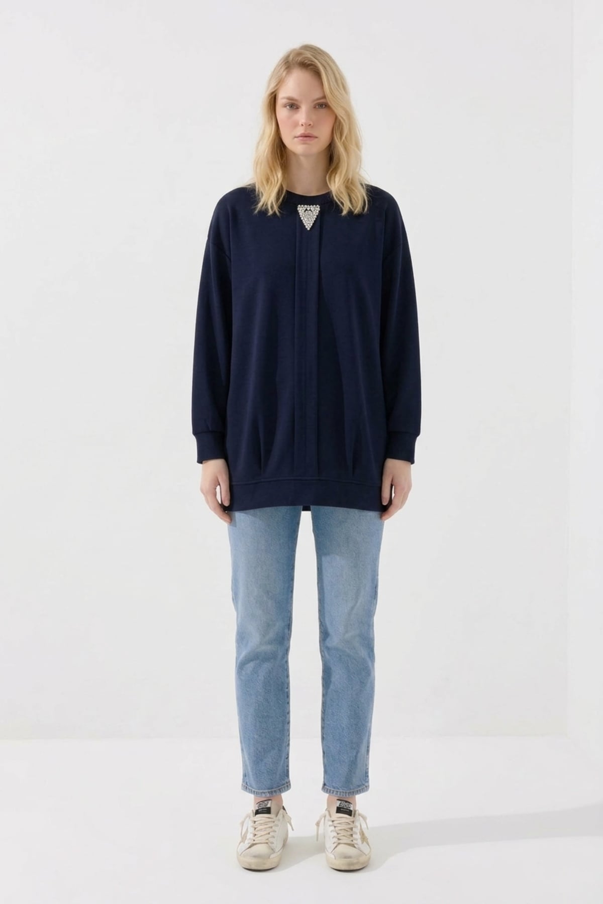 Ön Taş Baskılı Tunik 10821 F.Navy Tunik PUANE 